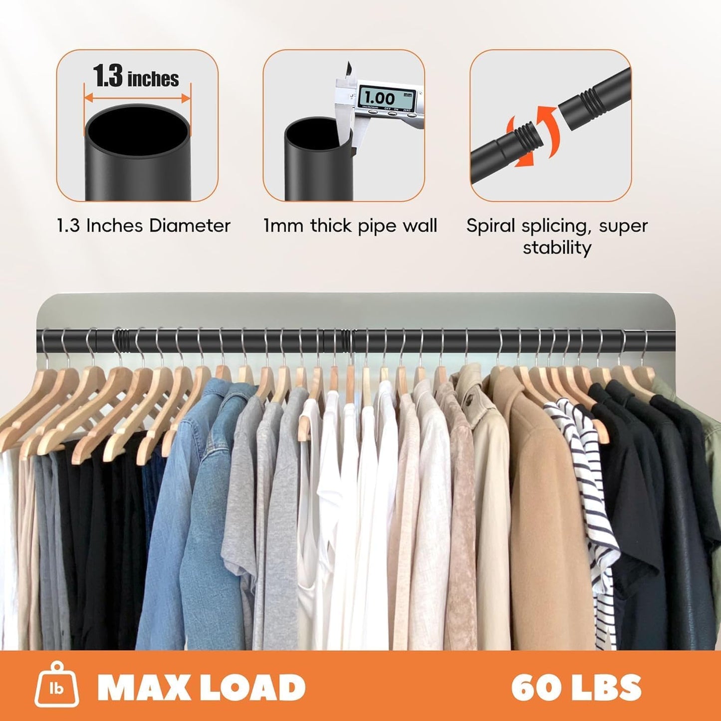 Closet Rod 50-99 Inches, Adjustable Heavy Duty Metal Black Closet Rods for Hanging Clothes 1.3 Inches Diameter for Wardrobes Laundry