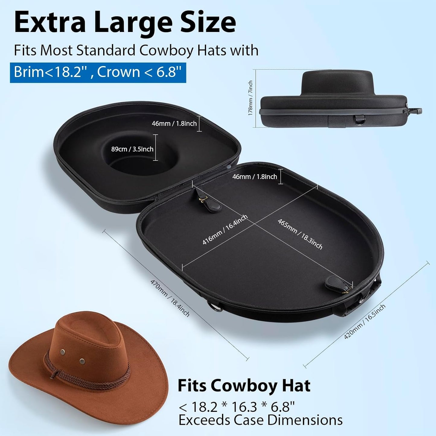 Cowboy Hat Case for Travel, Crushproof Box for Panama & Tweed, Hat Carrier with Adjustable Strap, Fedora Hat Storage For Travel Outdoors and Home(Upgrade Large) (Black)