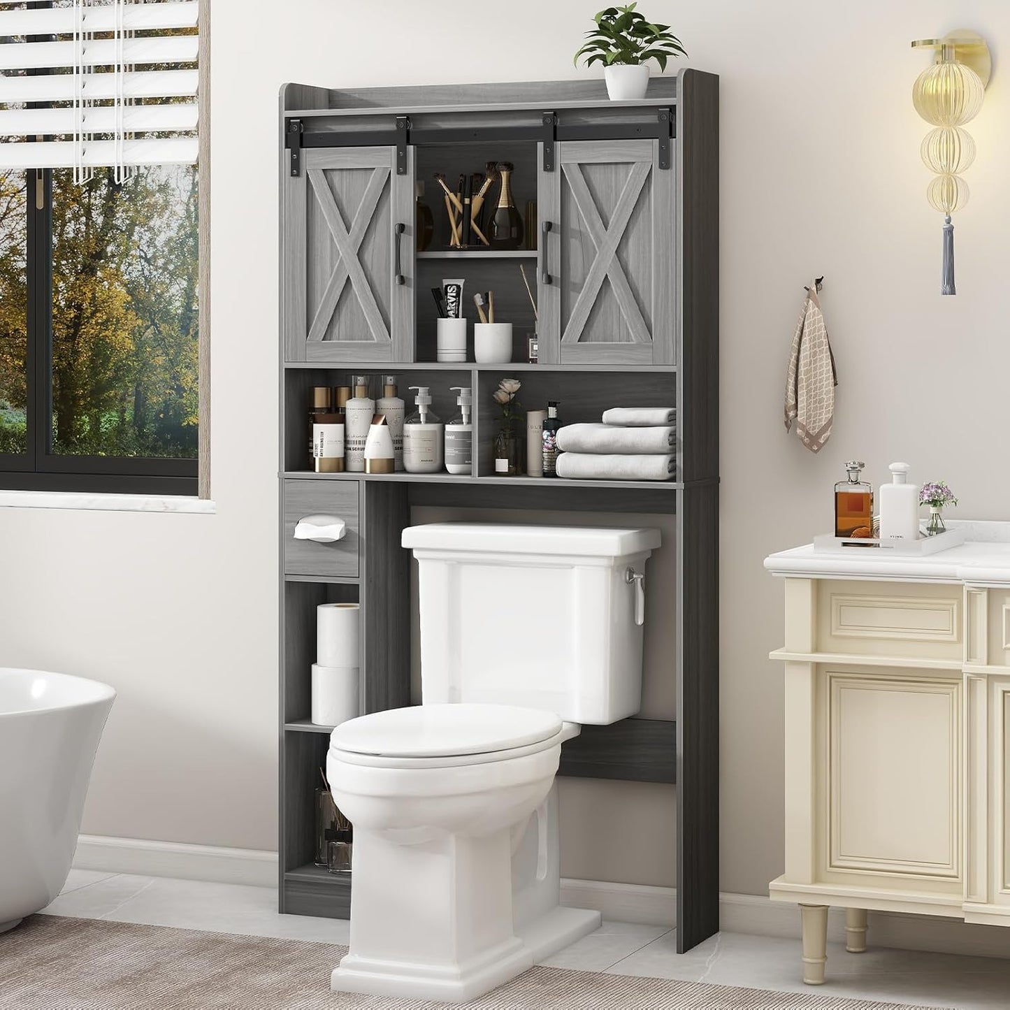 Farmhouse Over The Toilet Storage Cabinet with Sliding Door & Toilet Paper Holder Stand, Space-Saving for Bathroom & Restroom, Wash Grey