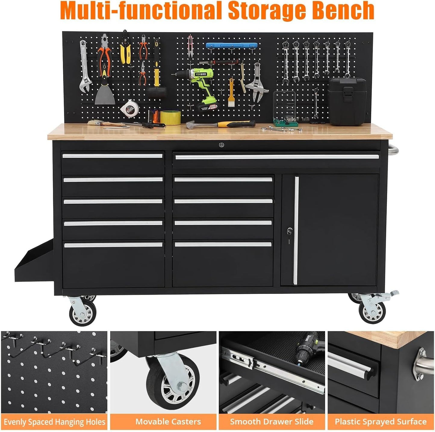 Rolling Tool Chest, 61 in Garage 10 Drawers Workbench Storage Tool Cabinet with Solid Rubber Wood Top, Power Strip, 1675 LBS Load Mobile Workstation, Heavy Duty Rolling Cabinet, Black