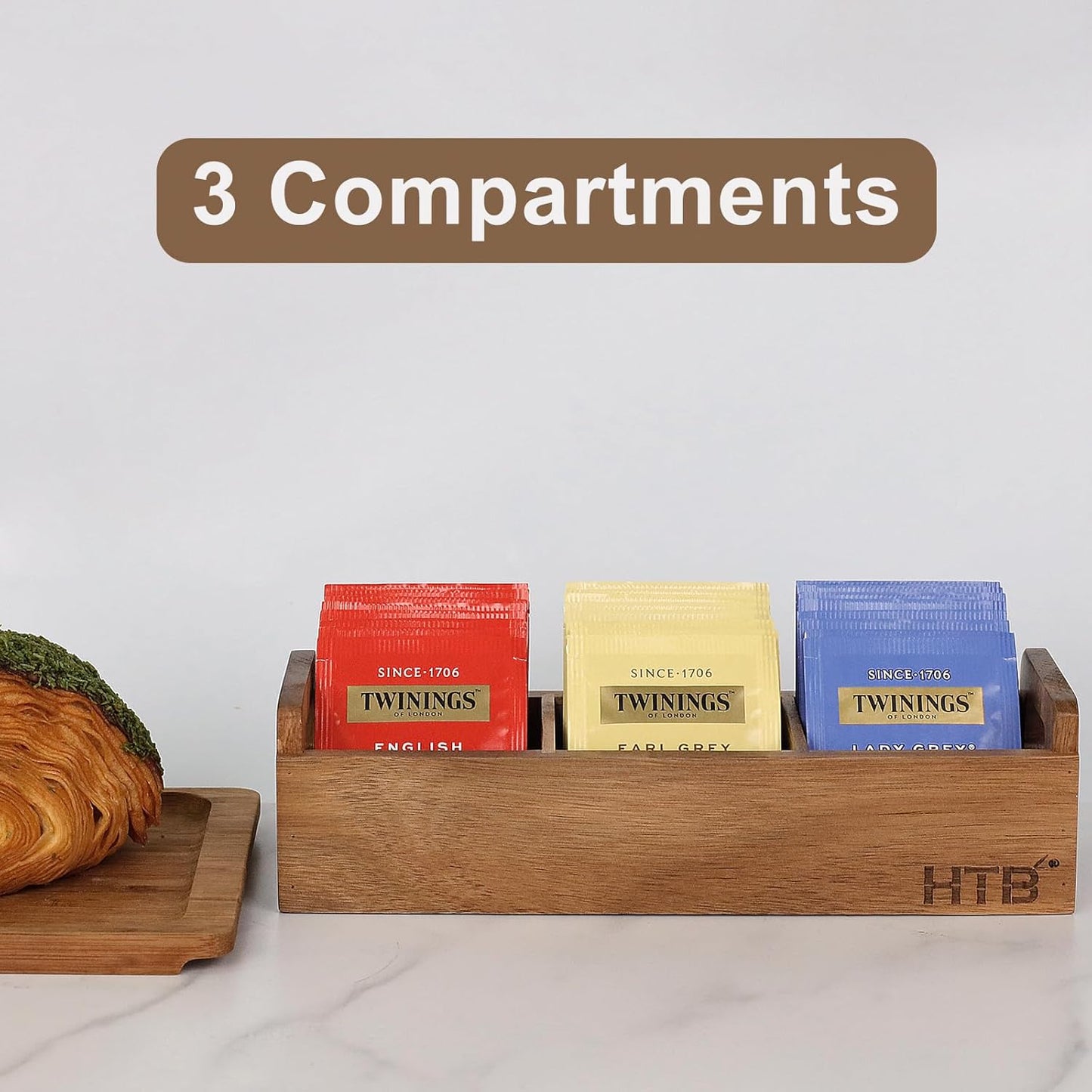HTB Small Wooden Tea Bag Box 2PCS, 3 Compartments Acacia Wood Tea Bag Chest with Handle, Mini Countertop Divided Storage Container for Beverage Supplies, Sugar, Sweeteners, Individual Packets
