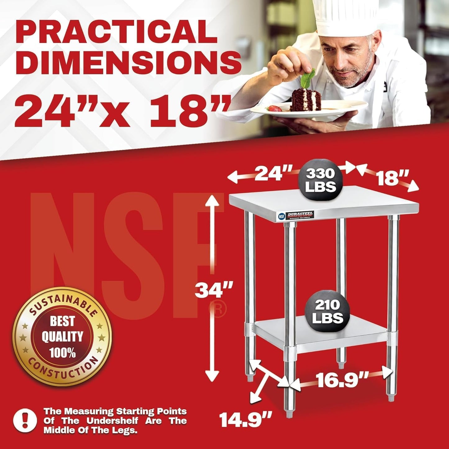 DuraSteel 24x18 Stainless Steel Work Table - NSF Commercial Prep Metal Table - Outdoor Pizza Oven Stand w/Under Shelf - Kitchen Island Laundry Utility Garage Microwave Stand Large Rolling Storage Cart