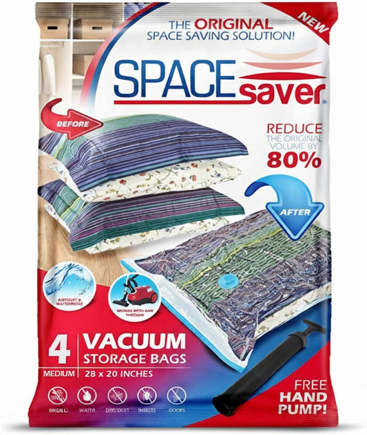 Spacesaver 4 Pack Medium Vacuum Storage Bags for Clothes - 28 x 20-Inch Vacuum Sealer Compression Bags with Hand Pump - Space Saver Storage Bag for Travel Essentials, Garments and Organization