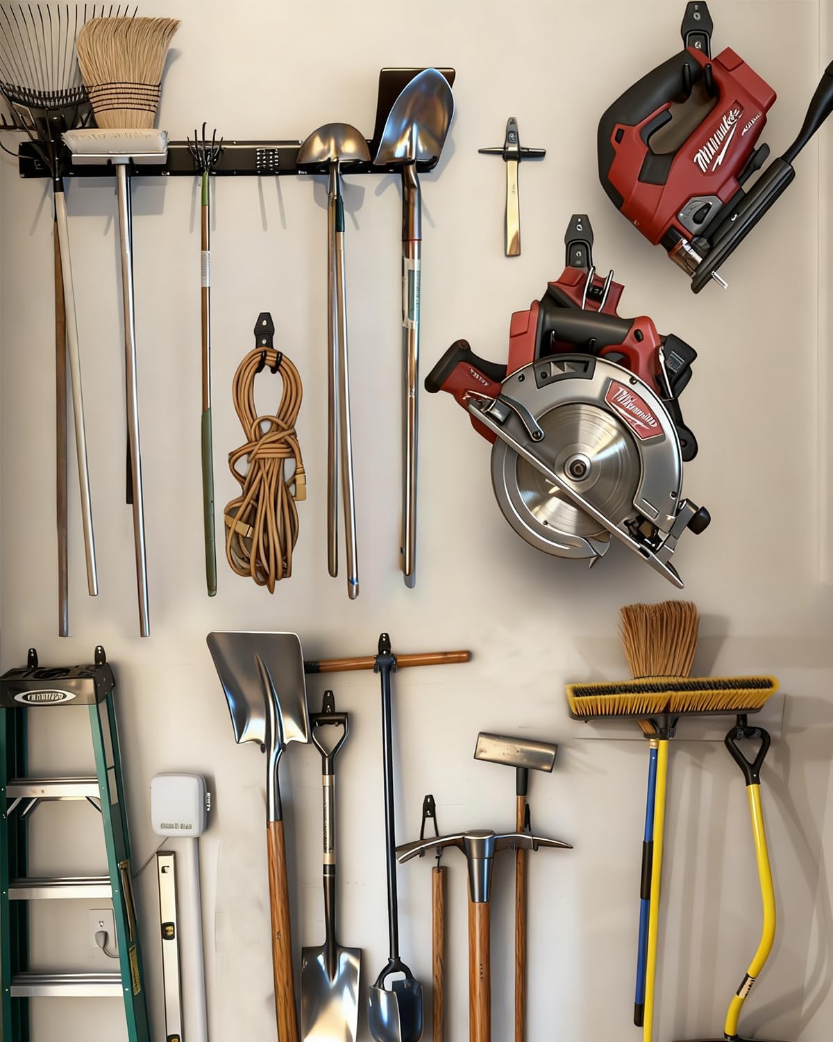 Garden Tool Organizer 48 in with 18 Garage Hooks, Heavy Duty Garage Wall Hooks for Hanging Ladder, Bike, Tool Storage Rack for Yard Tools, Shovel, Shed (23 Pack)
