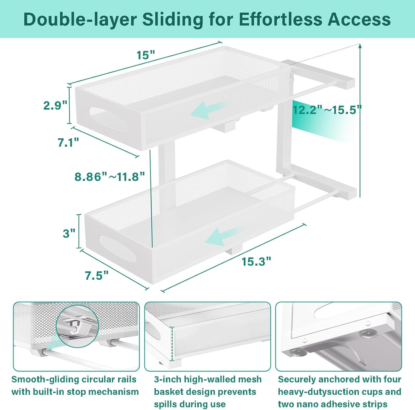 Under Sink Organizer, 1 Pack 2 Tier Metal Slide Out Pull Out Cabinet Organizer Shelf, Height Adjustable Organization and Storage Series, Bathroom/Desktop/Cabinet/Kitchen organization, White