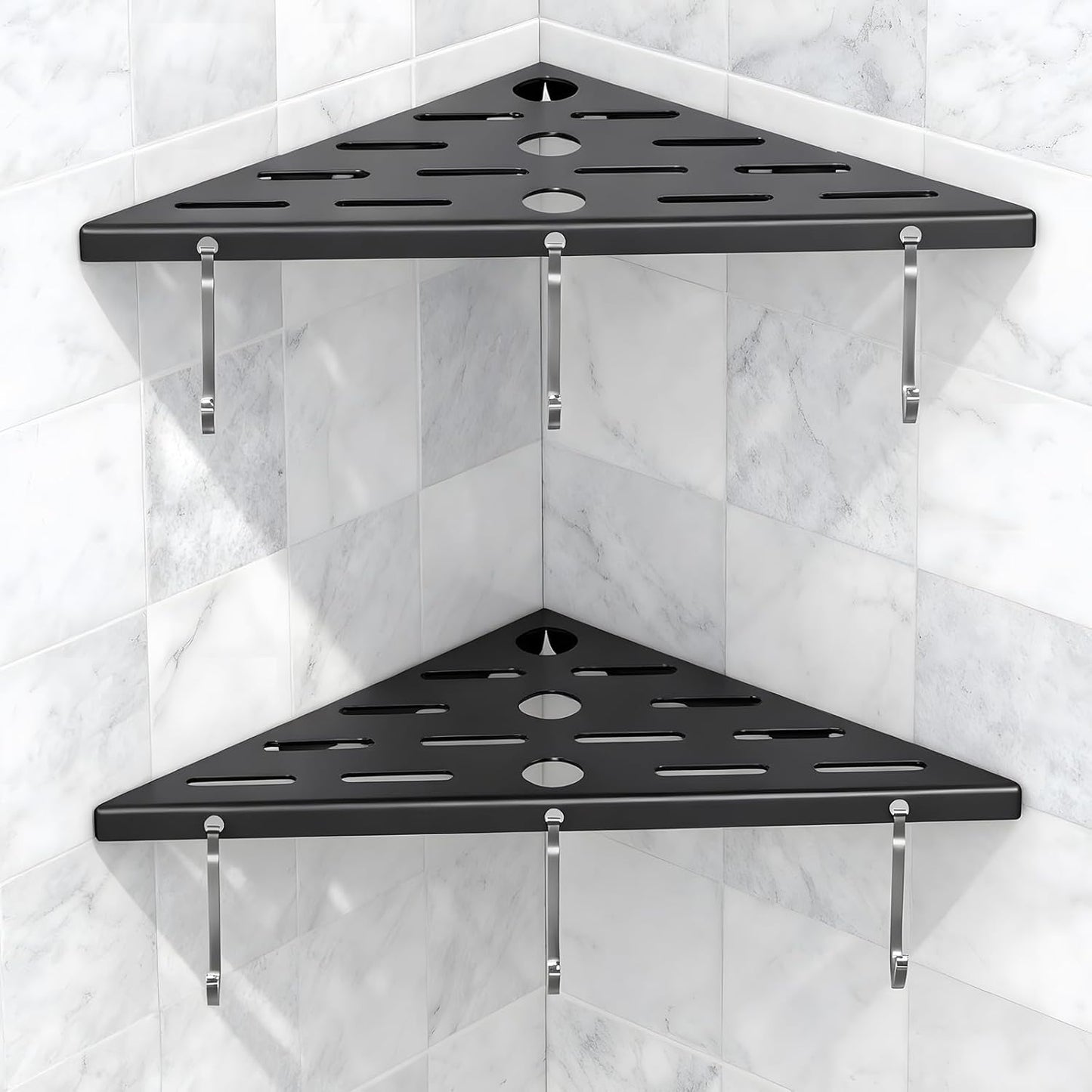 Shower Corner Shelf 304 Stainless Steel Shower Caddy 2 Tier Shower Organizer Niche Extra 6 Hangers Shelves 40 lbs Large Capacity Bathroom Storage for Inside Anti-Rust Drilling Installation (Black)