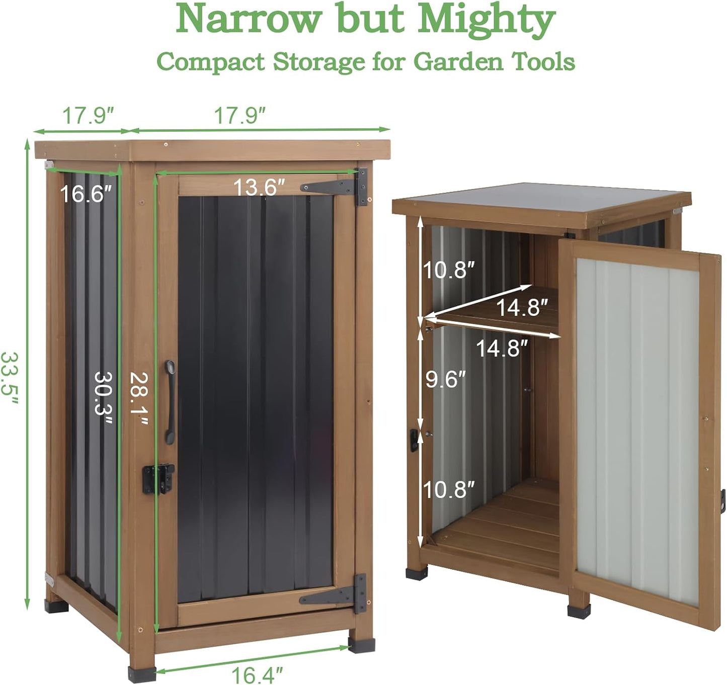 Small Outdoor Storage Cabinet Waterproof with Metal Top, Wood & Metal Outside Potting Bench Table Tool Organizer with Adjustable Shelf for Patio Backyard Garden