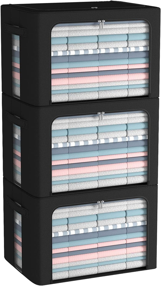 CYhom 3Pack Frame Storage Box - Clothes Storage Bin Bags Oxford Fabric Foldable Stackable Container Organizer Set with Clear Window & Carry Handles (Black, Large-66L)