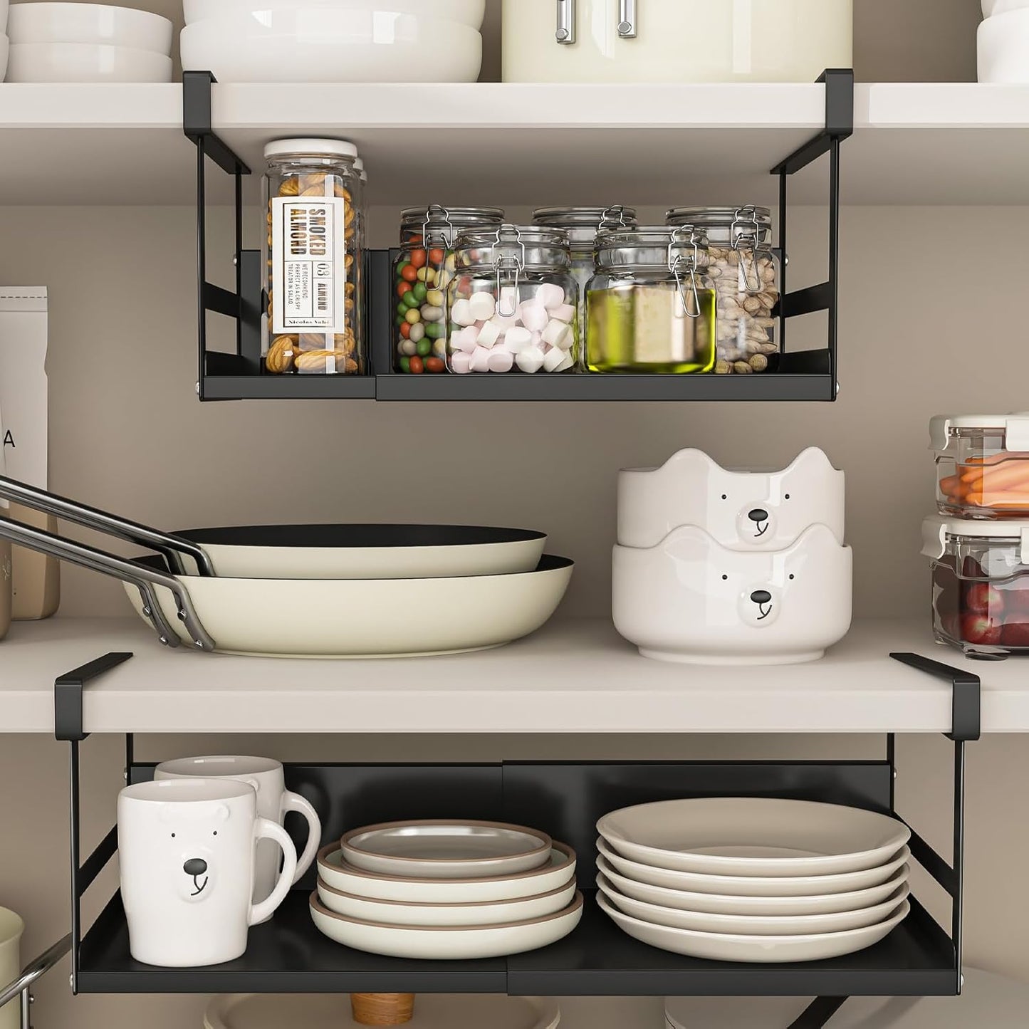 Expandable Under Cabinet Shelf Organizer with 0.94-Inch Thick Clips, Heavy Duty Extendable Under Shelf Storage Basket for Pantry or Laundry Room, Black, 2 Pack, Interior: 5.7" H x 7.2" D