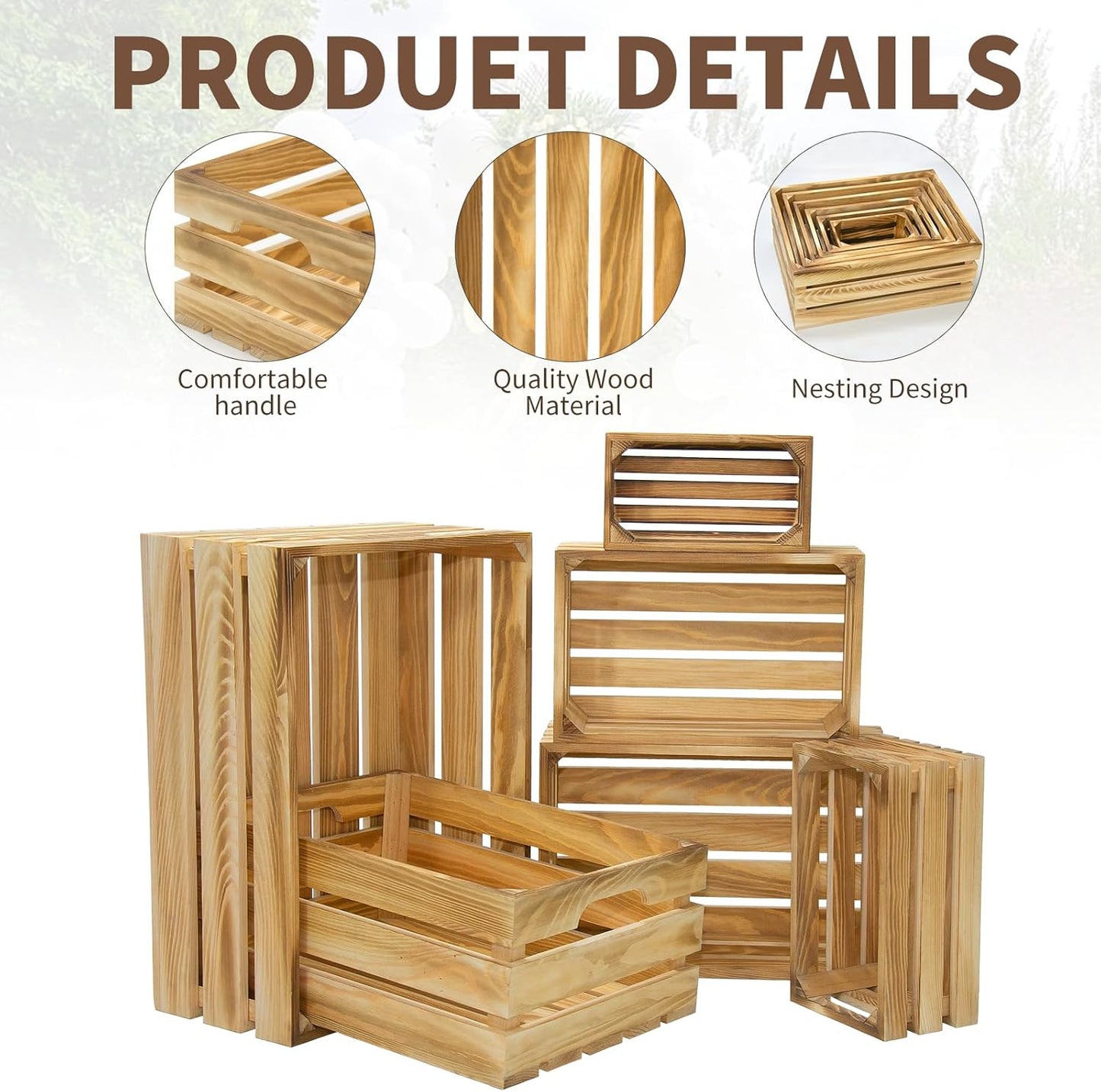 6 Pcs Decorative Wood Crates for Display, 6 Size Large Farmhouse Wooden Basket for Storage Container and Decorations, Rustic Nesting Crates Decor Boxes with Handle
