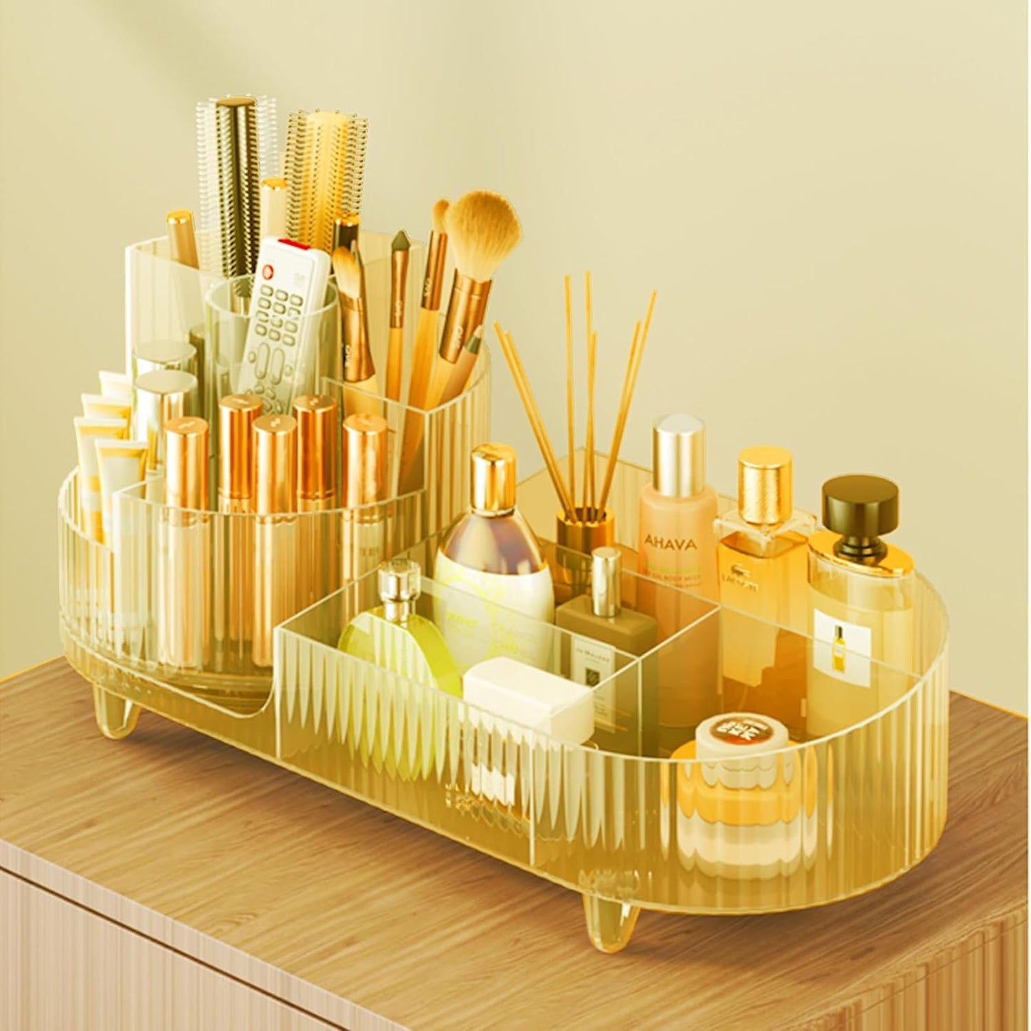 Rotating Makeup Organizer for Vanity with Brush Holder, Cosmetic Makeup Storage Organizer, Large Spinning Makeup Skincare Organizer, Countertop Makeup Perfume, Lotions Display Case (Transparent Gold)