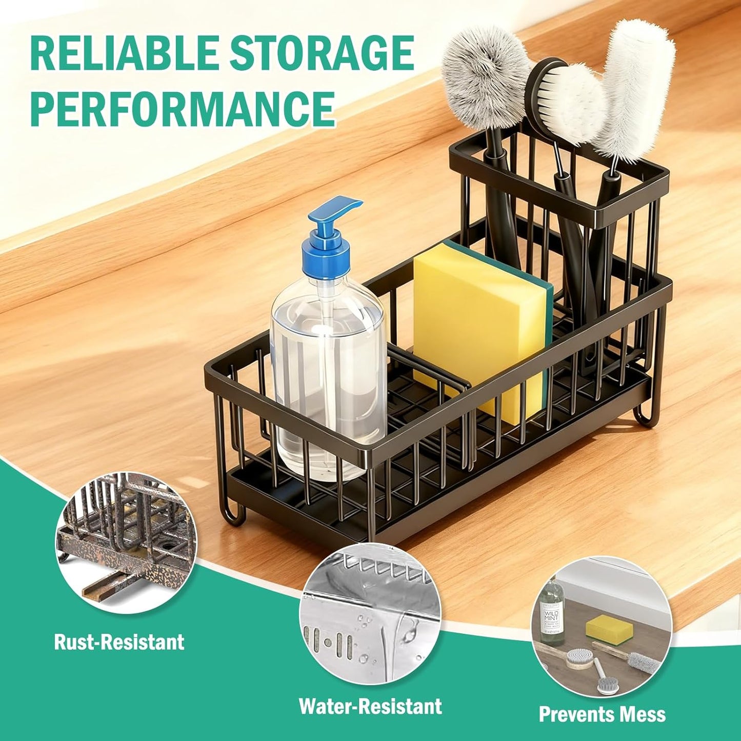 Sponge Holder for Kitchen Sink, Sink Caddy Organizer with High Brush Holder & Auto-Drain Tray, Rustproof Stainless Steel Countertop Storage for Soap Dispenser and Dish Brush, Fast Local Shipping