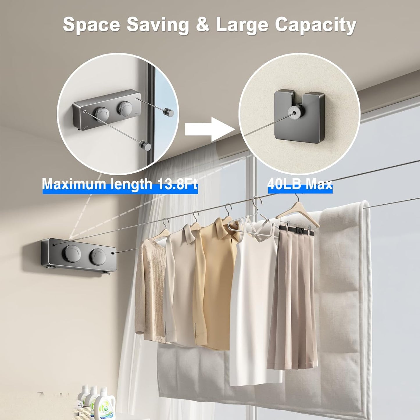 Retractable Clothesline Indoor, Non-Sagging Twin Clothes Line Retracting Outdoor Heavy Duty Clothes Drying Laundry Line Wall Mounted Stainless Steel Double Line-13.8 ft(Gray)