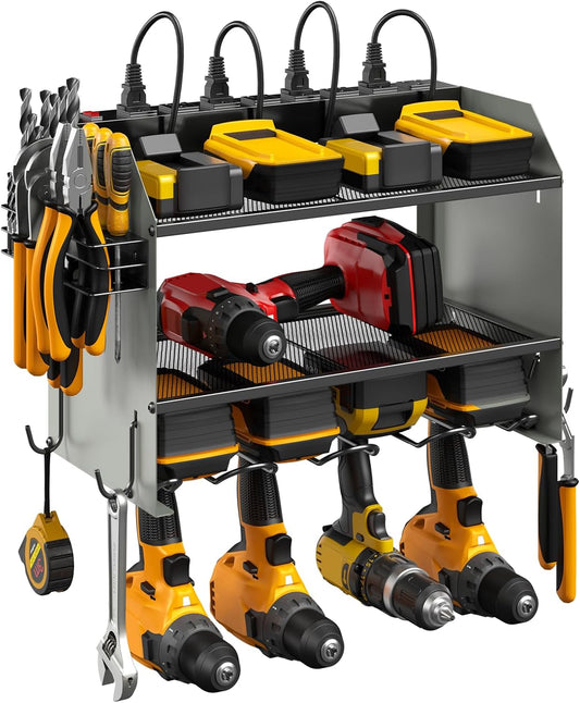 CCCEI Modular Power Tool Organizer Wall Mount with Charging Station. Garage Drill Storage Shelf with Hooks, Heavy Duty Rack, Tool Battery Holder Built in 8 Outlet. Gift for Men. Grey, 2 Pack.