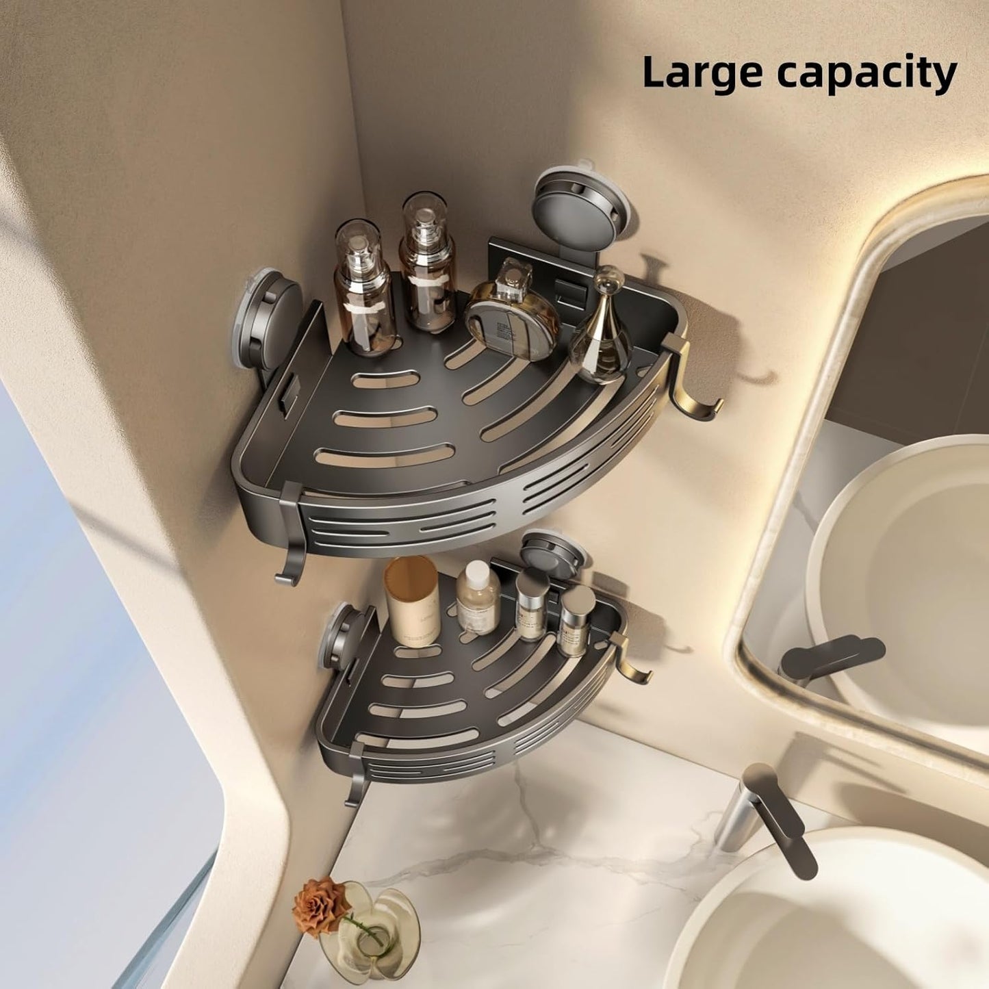 VOLPONE Corner Shower Caddy Suction Cup Shower Shelf Corner No Drilling Bathroom Shower Organizer Storage Rack Adhesive Without Towel Bar (2Pack, Gray)