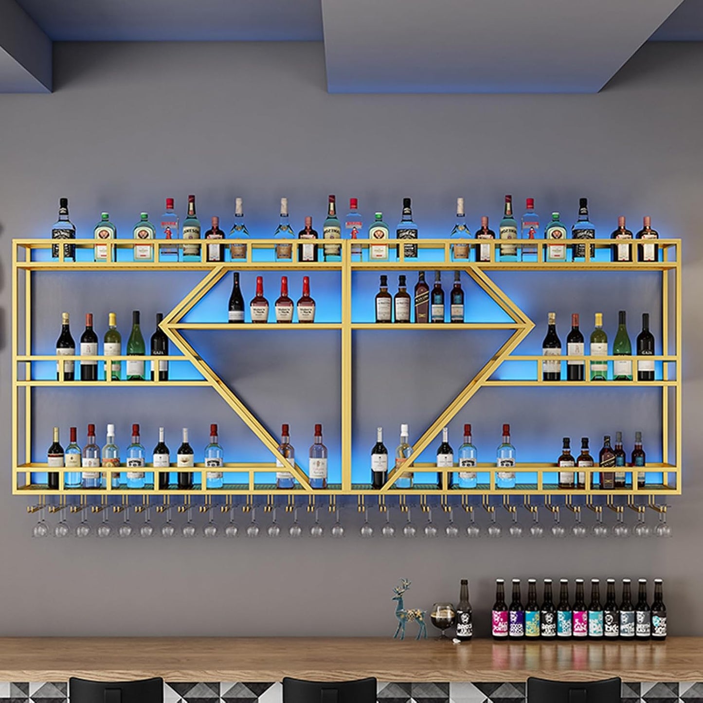 63in Metal Wine Rack Wall Mounted, Modern Wine Storage Rack Wall Mounted with Wine Glass Holder, Liquor Shelf, Bar Shelves for Liquor Bottles (3TIERS Gold, 63 * 7.87 * 33.85INCH)