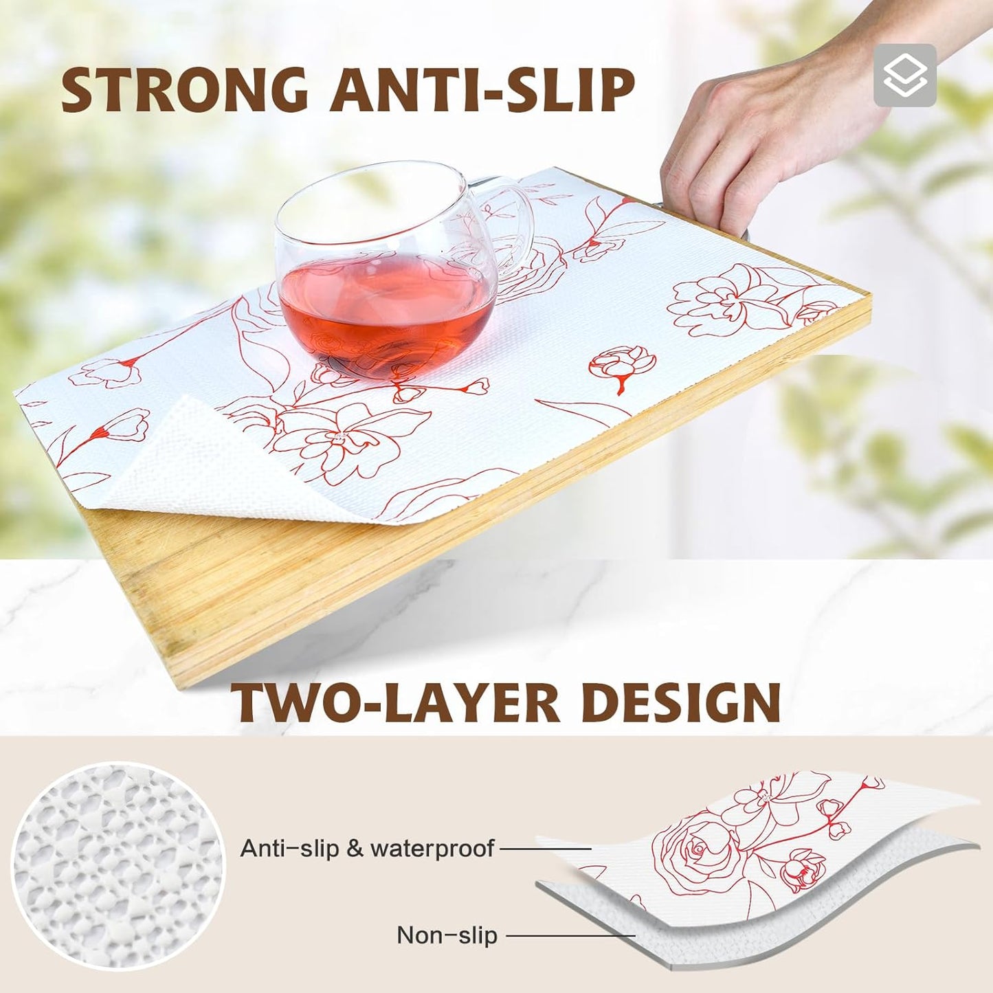 Shelf Liners for Kitchen Cabinets 12in x 20FT Non Adhesive Drawer Liner Red and White Floral Thickened Shelf Liner Paper Strong Non-Slip Easy to Clean for Tool Box with Knife and Tape Measure