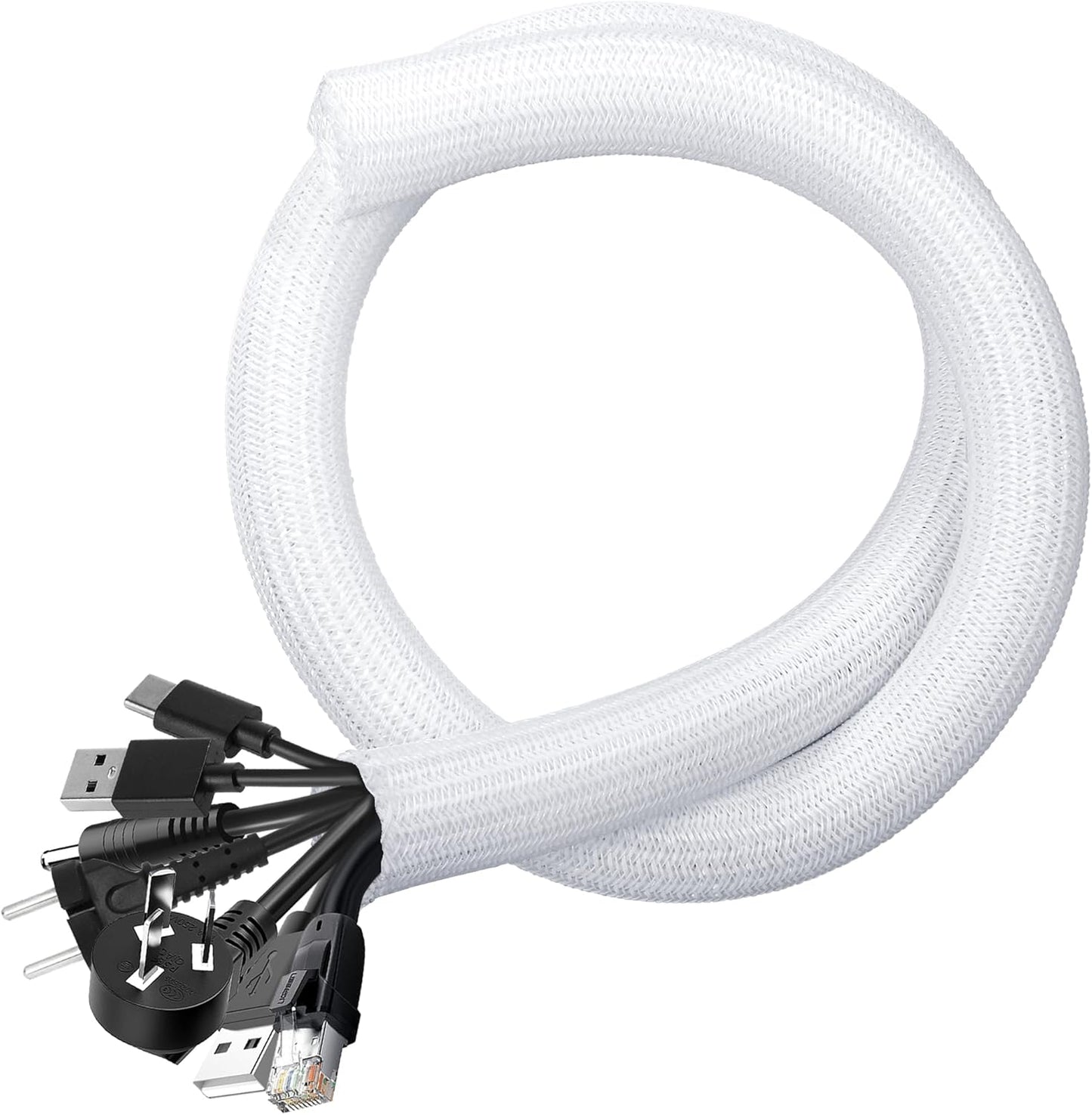 Cable Management Sleeves 1.2in - 2 Pack 4.1ft Split Braided Sleeve White, Hard PE Protectors From Pets, Wire Organizers, Flexible Wrap for Computer Cord Management