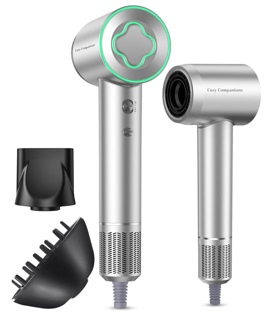 Hair Dryer - 150000 RPM High-Speed Brushless Motor Negative Ionic Blow Dryer for Fast Drying, Low Noise Thermo-Control Hair Dryer with Diffuser and Nozzle, Silvery