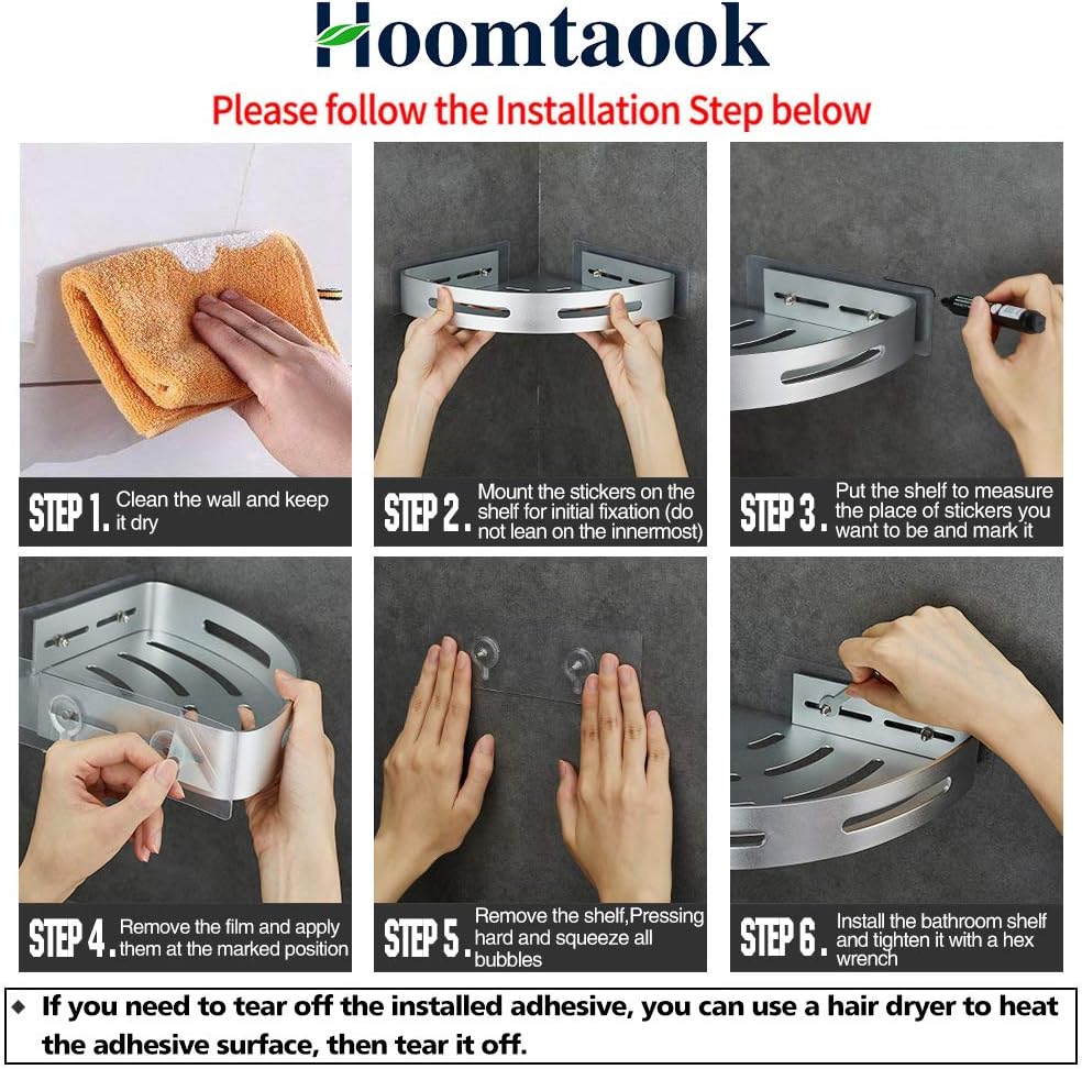 Hoomtaook Corner Caddy Bathroom Shower Shelf Wall Mounted No Drilling 2 Tier Storage Shelves Adhesive Triangle Baskets Silver Bathroom Kitchen Storage Basket