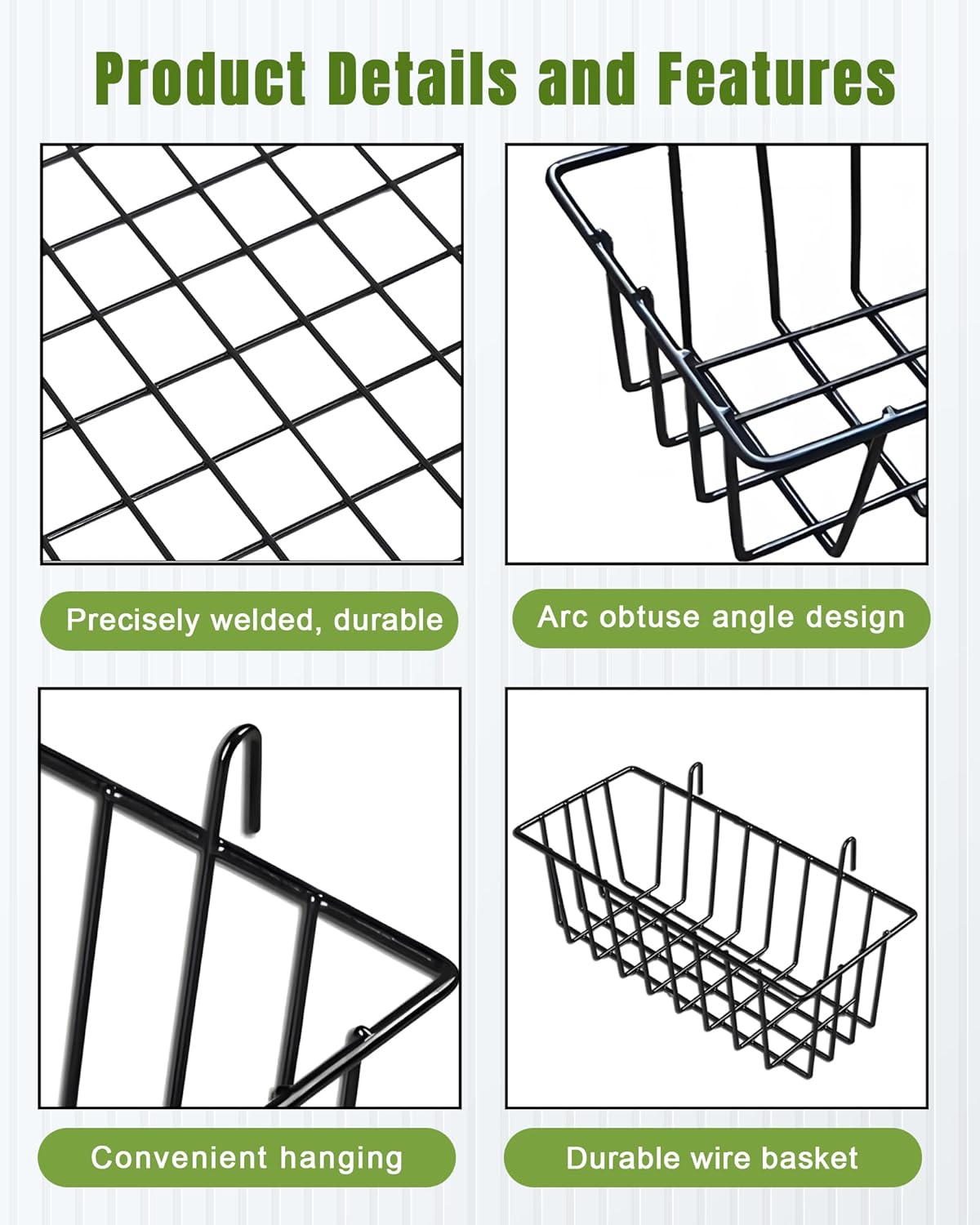 10 PCS Black Wire Baskets, No Drilling, Hanging Wire Basket for Wall Grid Panel Organizing, Grid Wall Accessory