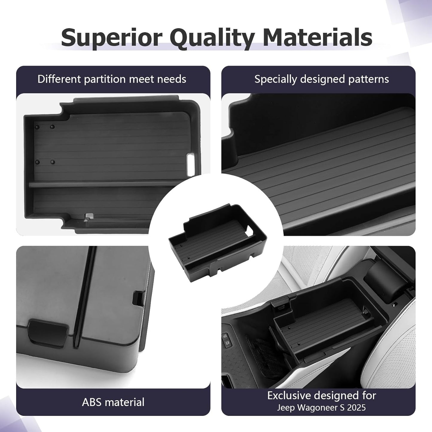 LUWU 2025 Wagoneer S Center Console Organizer for 2025 J eep Wagoneer S Accessories Armrest Console Storage Box Insert Tray ABS Material Black-Trim