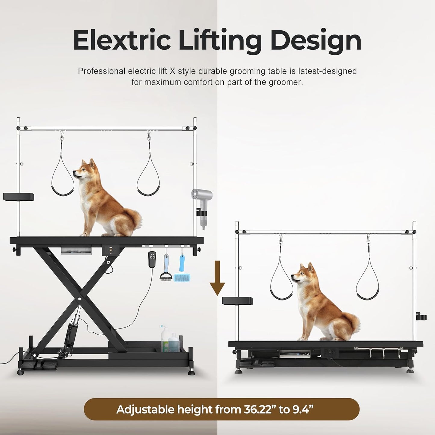 Electric Lift Dog Grooming Table, Upgrade 50 Inch Heavy Duty Professional Pet Grooming Table with Tool Organizer for Large Dogs at Home with Adjustable Overhead Arms and 2 Grooming Noose, Black