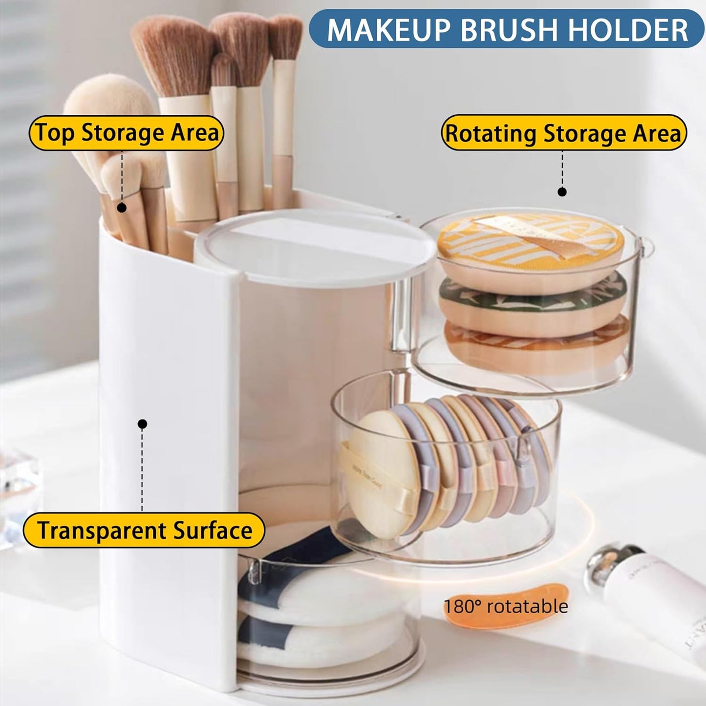 Hair Accessories Organizer with Hair Brush Holder, Rotatable Makeup Brush Holder for Necklaces, Earring, Bracelet, Ring, Makeup Brushes, Hair Clip and Hair Accessories (White, 3-Layer)
