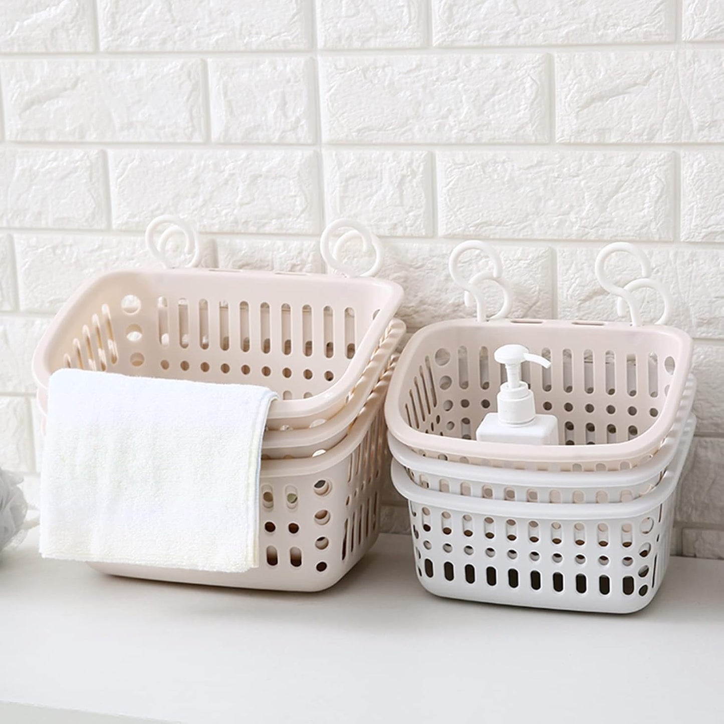 3PCS Plastic Hanging Baskets for Shower, Organizer With Hooks, Rectangle 10.6Inches Small Storage Basket (Beige)