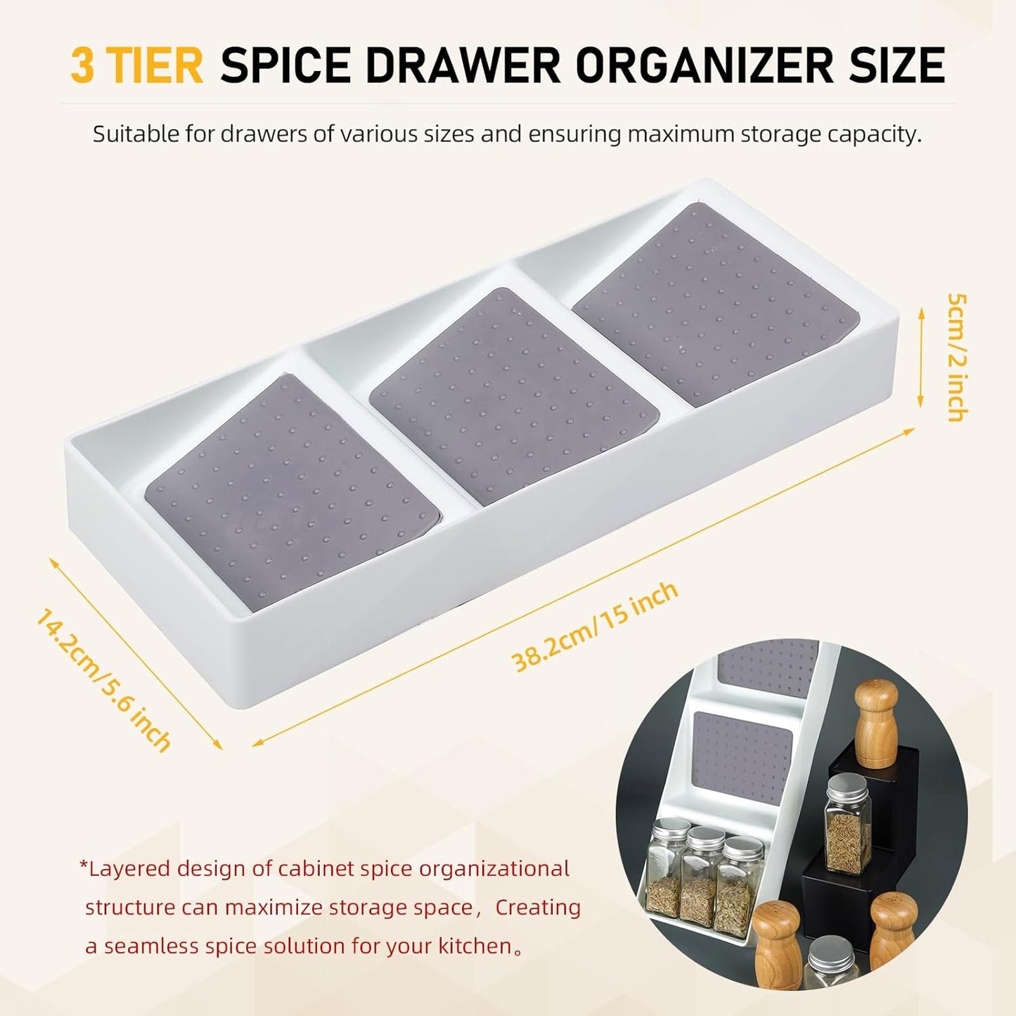 Spice Drawer Organizer, 3 Tier Non-Slip Silicone Seasoning Jars Drawer Insert, Spice Rack Organization for Drawer, Kitchen Spice Rack Tray for Cabinet Countertop Makeup Storage