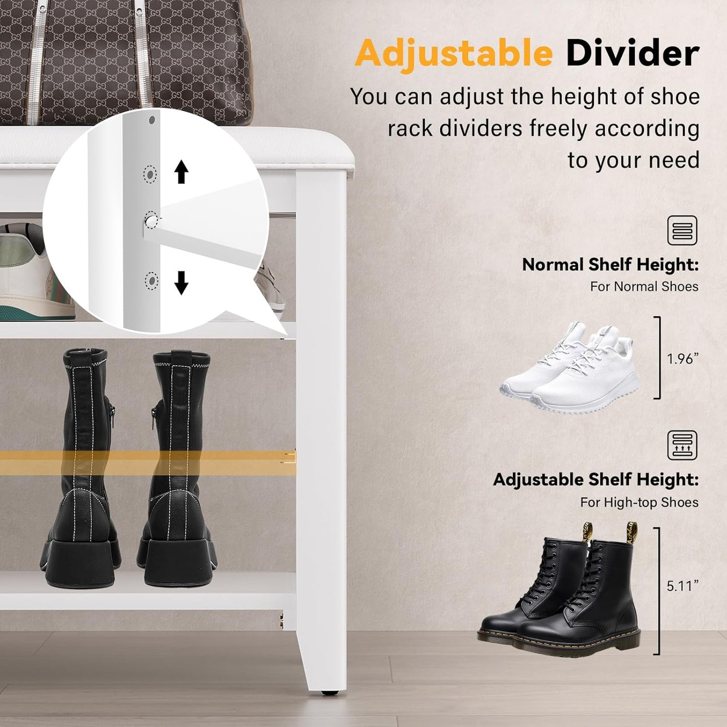 Shoe Rack Bench Entryway Storage with Leather Cushion, Shoe Organizer Bench for Entryway, Ideal for Front Doors Entrances Hallway Mudroom Featuring Rubberwood And 3 Height-Adjustable Removable Shelve