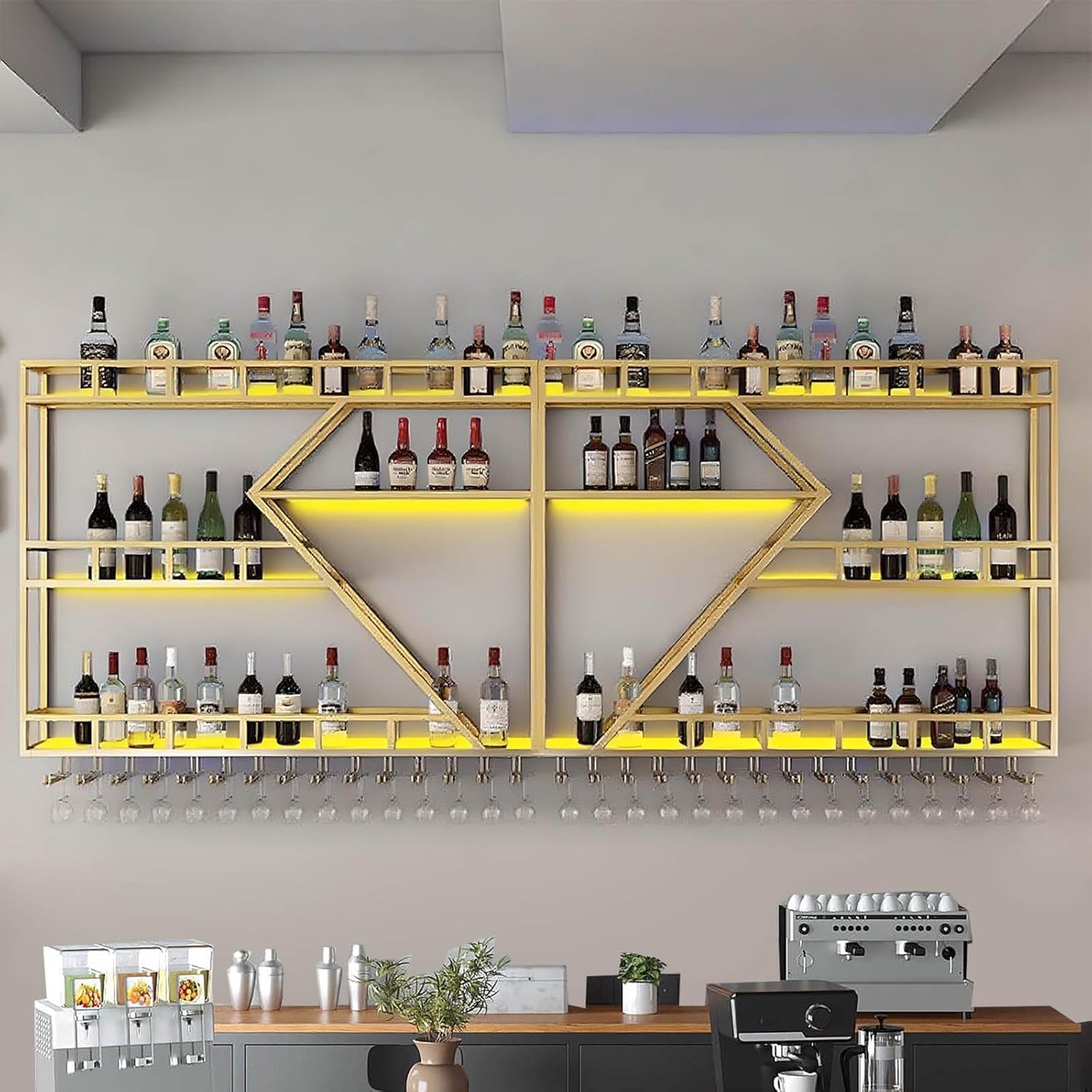 63in Large Wall Mounted Wine Rack 3 Tier Metal Wine Bottle Holder Modern Diamond Design Floating Bar Liquor Bottles Storage Rack for Home Restaurant Bar Decorative (Gold, 3 Tier - 63in)