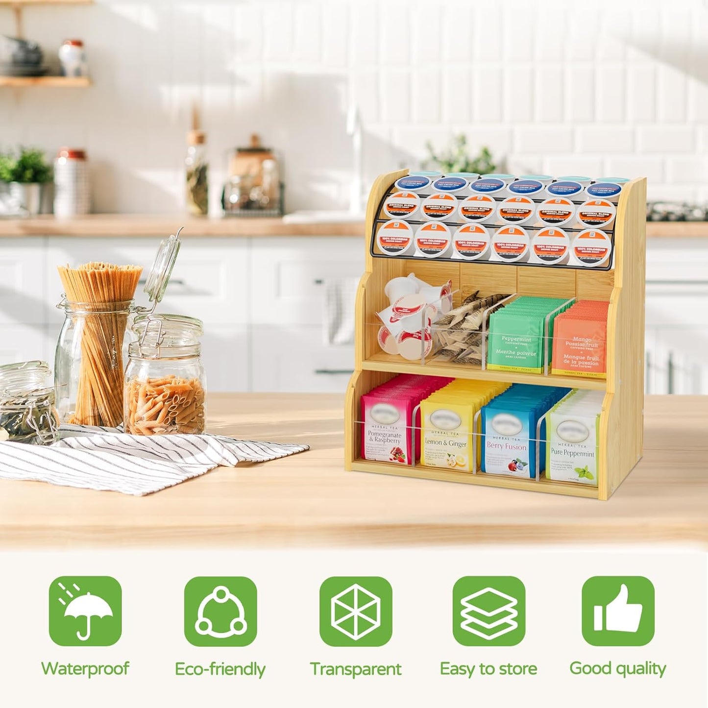 LASZOLA Bamboo Tea Bag and Coffee Holder Organizer for Cabinet Counter Office, 3 Tier Large Capacity Vertical K Cup and Tea Packet Storage Rack, Sturdy Display Stand, Easy Assemble