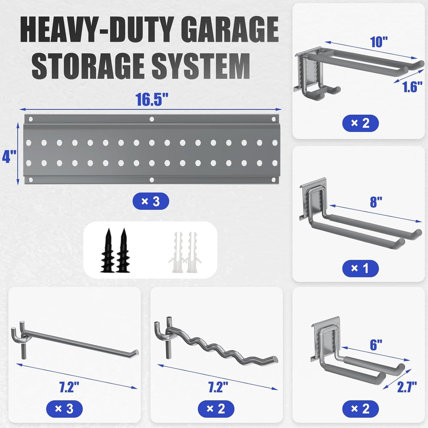 Garage Tool Organizer Wall Mount 48 inches with 10 Adjustable Heavy-Duty Hooks, Garage Organization, Garden Tool Storage Rack, Yard, and Shed, Holds Up to 400 lbs (Grey)