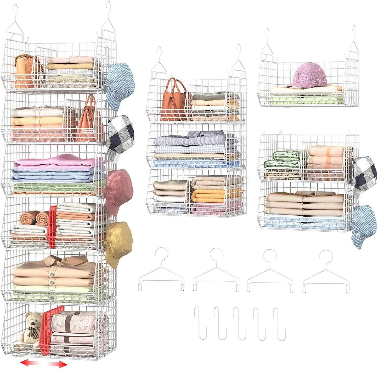 6 Tier Extra Large Hanging Closet Organizer, Closet Storage Hanging with Dividers, Wire Closet Shelf with 5 S Hooks 4 Dividers,Sweater Handbag Hat Accessory Storage Hanger,White