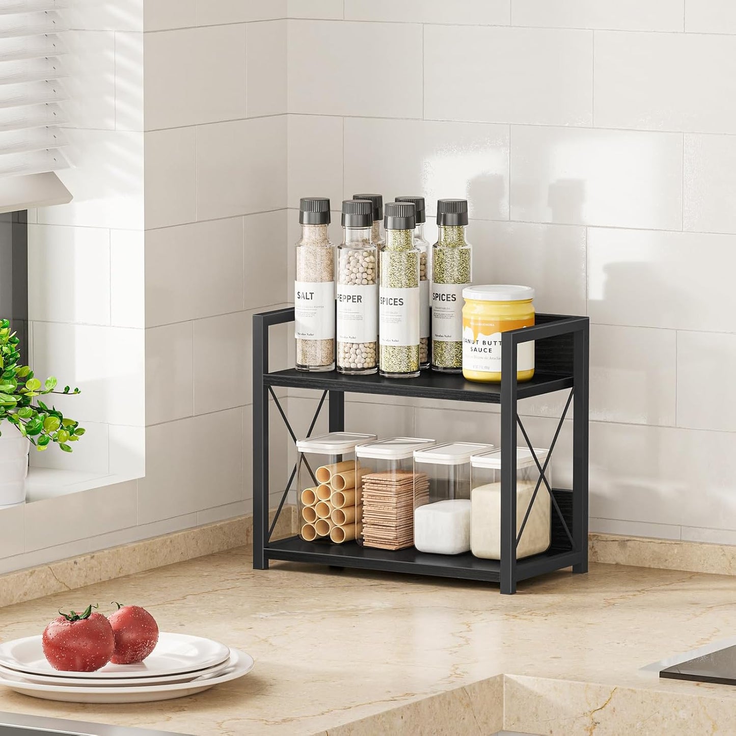 Giikin Kitchen Counter Shelf, 2 Tier Kitchen Spice Rack Organizer for Countertop, Wood Coffee Bar Organizer for Home (Black, S)