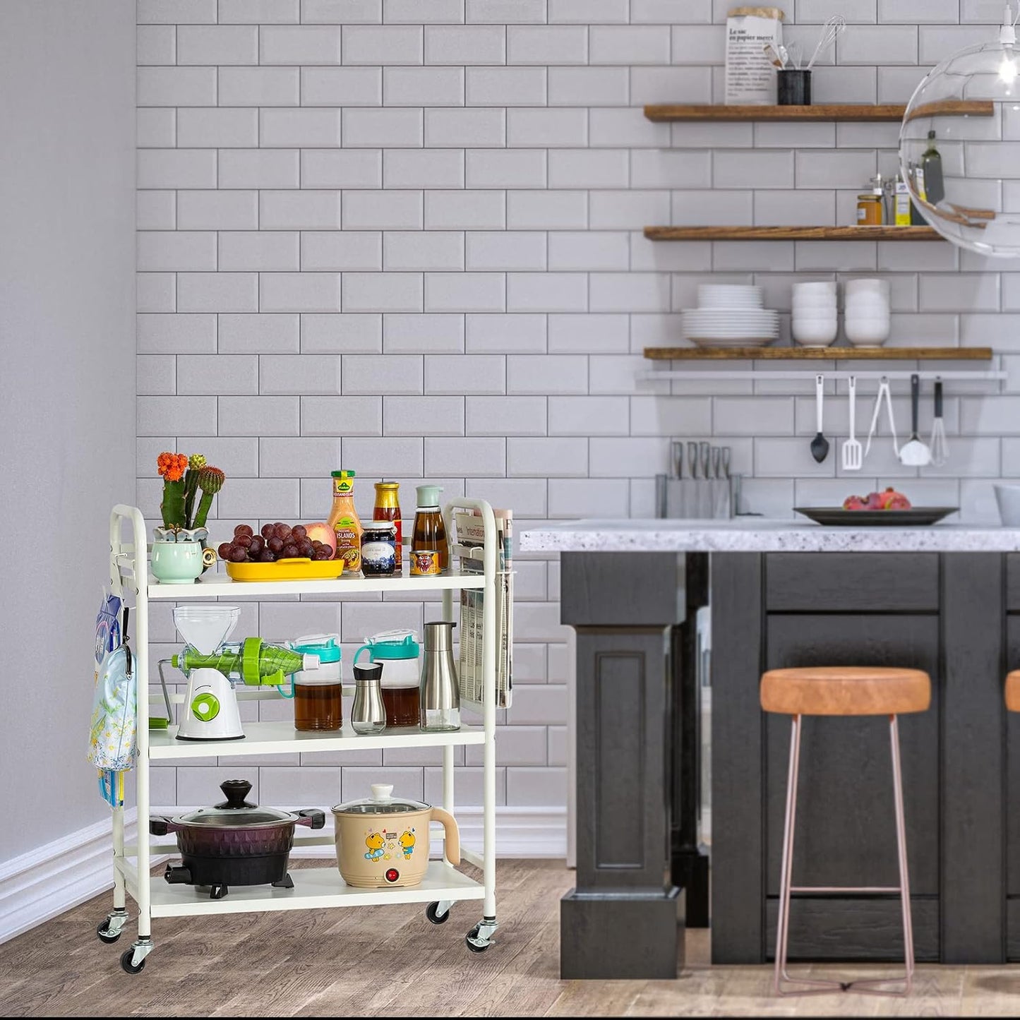HDANI 3 Tier Metal Rolling Utility Cart,High Capacity Multi Purpose Heavy Duty Cart for Office,Kitchen,Living Room,Bedroom,White