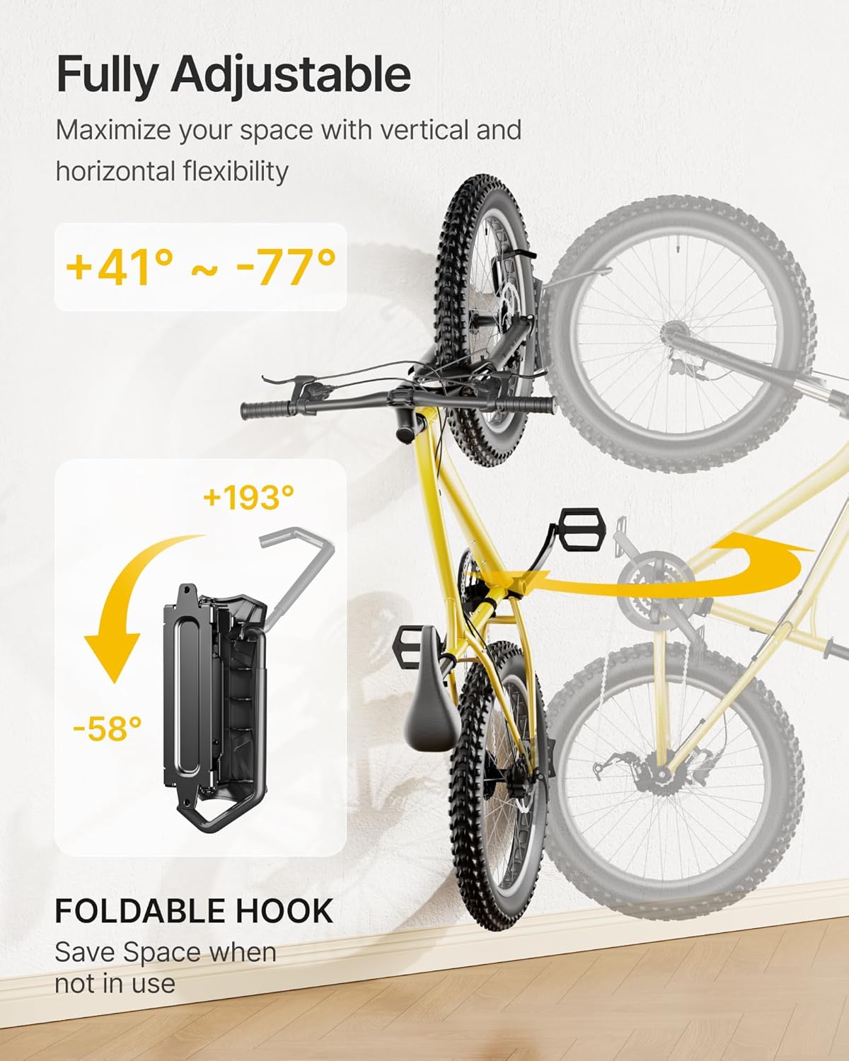 monTEK Bike Wall Mount for 4.5" Tire Width, Swivel Bike Wall Hanger Holds Up to 77lbs, Space-Saving Bike Rack Garage, Heavy Duty Bike Storage for Bedroom Home Office, 1 Pack