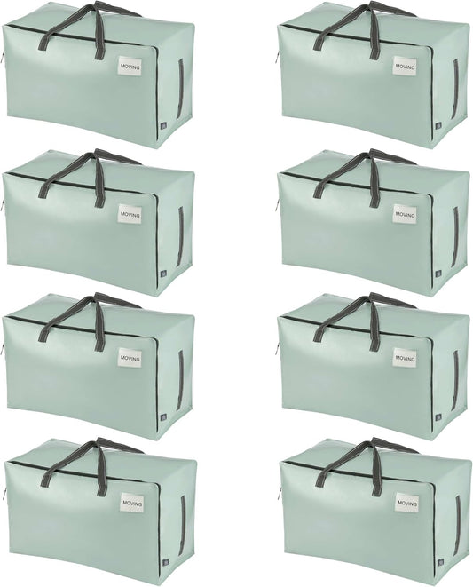 VENO 8 Pack Moving Bags and Large Christmas Decoration Storage Bins with lids. Alternative to Moving Boxes, Packing Supplies for College. Heavy Duty Totes (Shiny Light Green, 8 Pack)