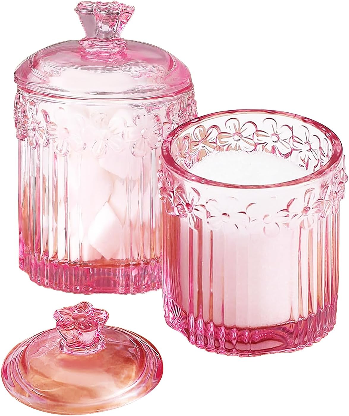 Pink Qtip Cotton Ball Hair Ties Candy Holder Makeup Storage Bathroom Accessories Organizer Thick Glass Apothecary Jars with Lid, 2pcs