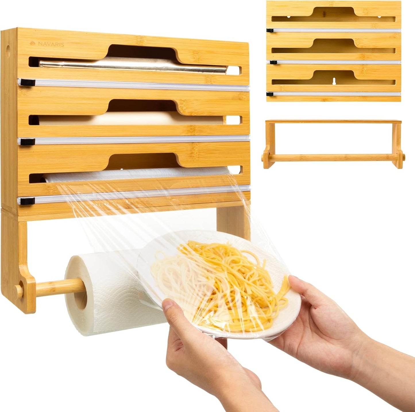 Navaris 4 in 1 Plastic Wrap Dispenser with Cutter - Space Saving Kitchen Roll Storage Foil Organizer for Drawer - Bamboo Kitchen Wrap Paper Roll Baking Paper and Aluminum Holder