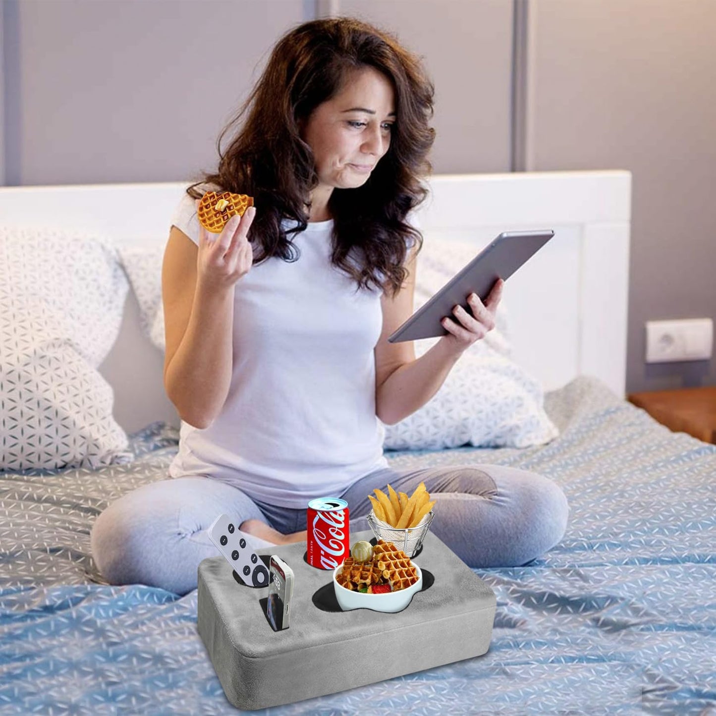 Couch Bed Cup Holder Pillow, Nisdoing 5 Hole Couch Drink Holder! Keep Drinks Hand Side and KeepTemp, Prevent Spills and Use Anywhere. Cup Holder for Couch, Bed,Camping,RV,Car,Beach. Gray