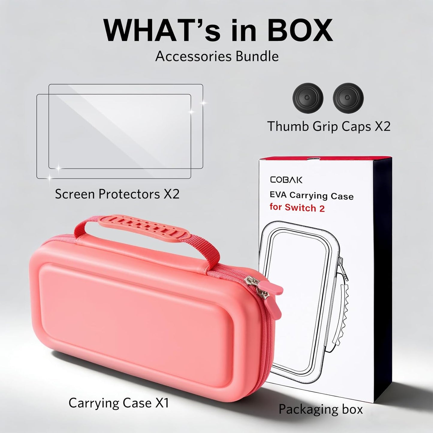 CoBak Large Capacity Carrying Case for Nintendo Switch 2 (2025) - 3 in 1 Accessories Bundle with 2 Screen Protectors, Thumb Grip Caps, 24 Game Cartridges, Hard Shell Portable Travel Pouch, Pink