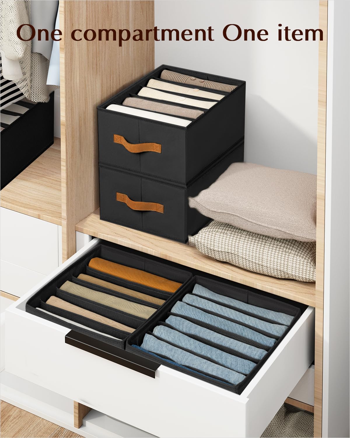 Clothes Organizers and Storage - 4/5/7 Grids Fabric Jeans Organizer with Handles, Foldable Closet Organizers Dividers, Wardrobe organizer for Pant, Sweater, T-shirt, Scarf, 6 Pack, Black