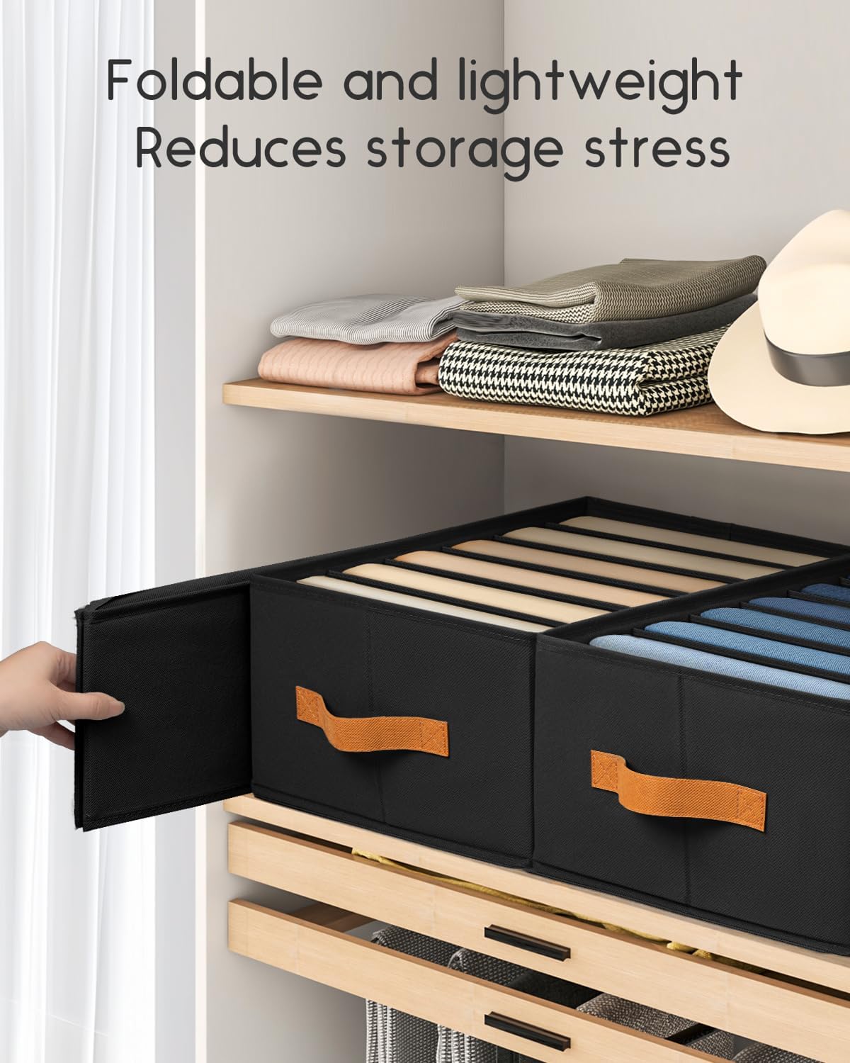 Closet Organizers and Storage - Fabric Clothes Organizer with Handles, Foldable Jeans Organizer for Clothes, Drawer Organizer for Shirts, Bra, Sweater, Scarf, 8 Pack, Black