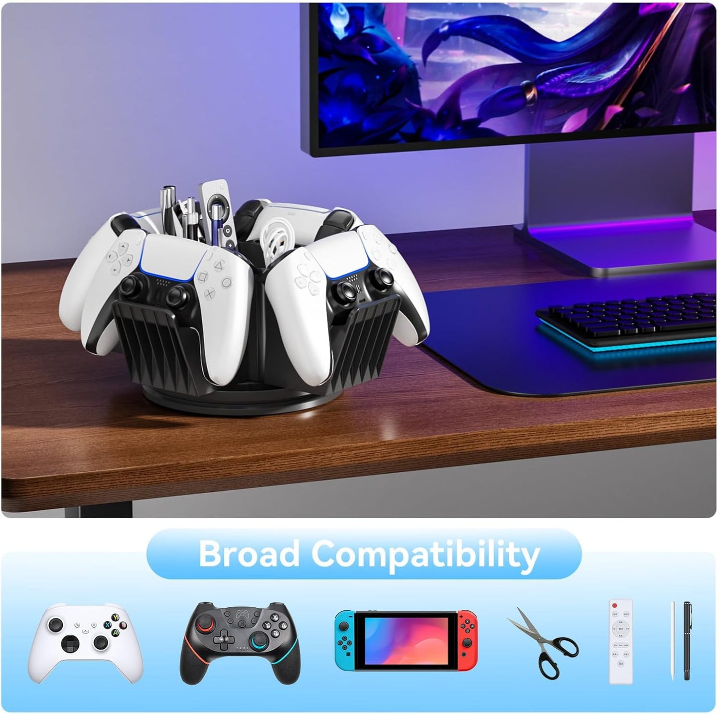 KDD Controller Organizer for Desktop - 360°Rotatable Controller Holder with Storage Box - Universal Stand for 4 Controllers, Desk Organizer for Switch Remote Control Pen Gamer Accessories