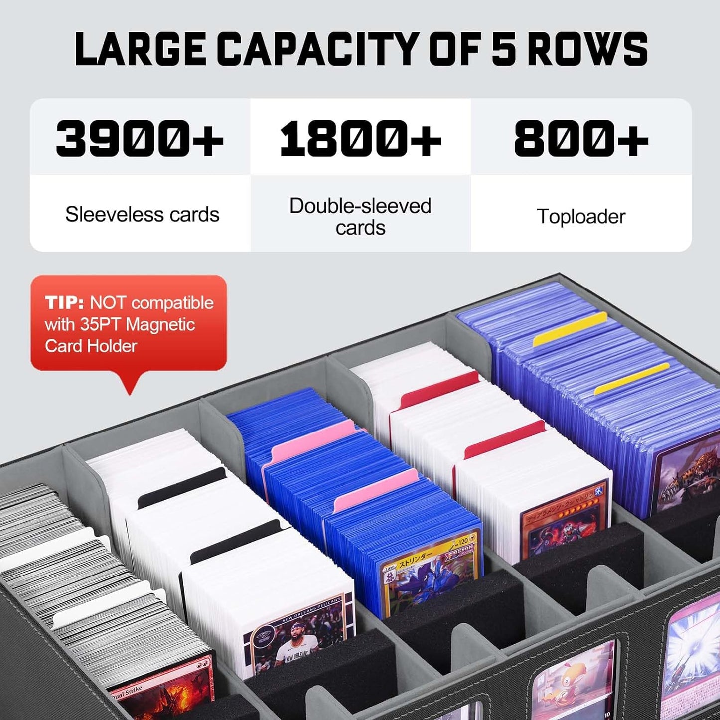 ZLCA Trading Card Storage Box 5-Row with Handle, MTG Storage Box Holds 3900+ Cards with Commander Display, Top Loaders Organizer Case for TCG PTCG Sport Card(Black)