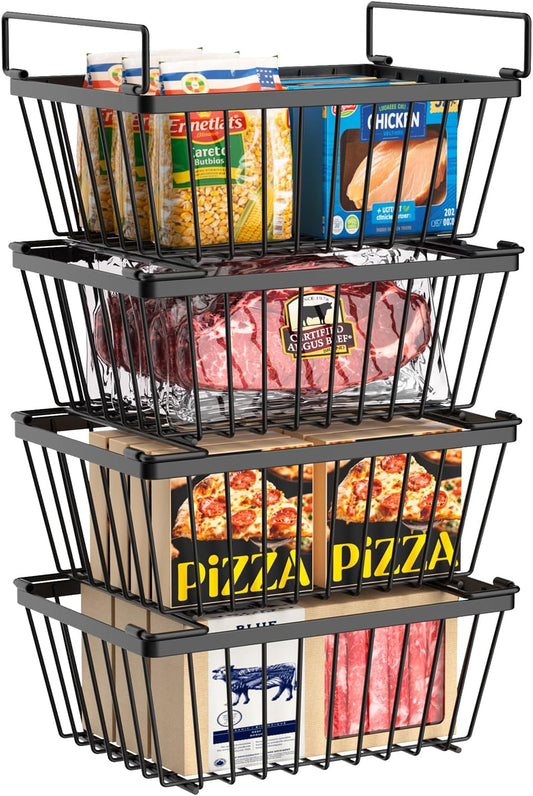 Freezer Organizers bins with Folding Handles，4 Pack Stackable Upright Freezer Organizers baskets for 5-7 Cu.Ft Deep Freezer Storage, Increased Space for Food Storage, Easy to access，Black