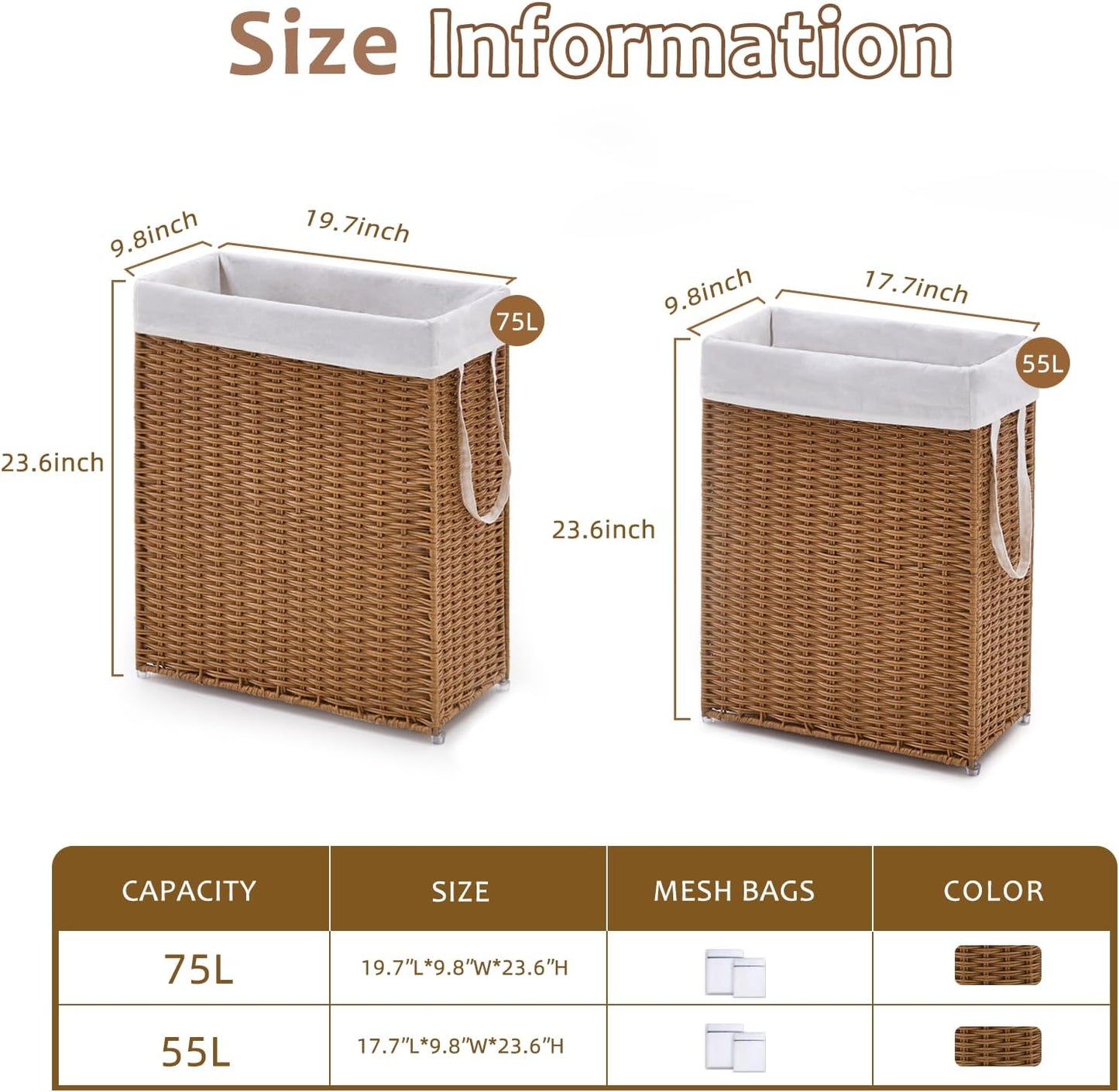 Slim Wicker Laundry Hamper, 55L Handwoven Rattan Basket with Handles, Narrow Laundry Basket with Removable Liner Bag & 2 Mesh Bags