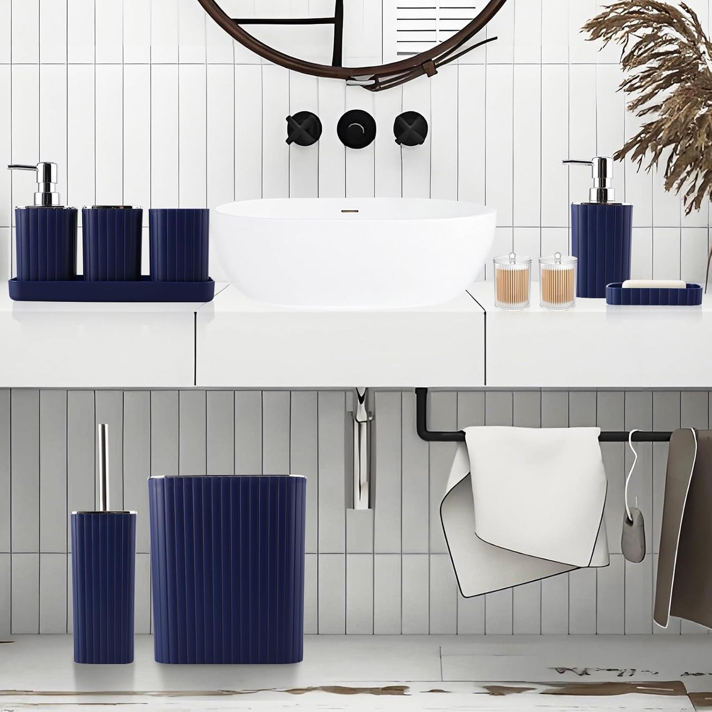 Navy Blue Bathroom Accessories Set - Gorgeous Bathroom Set, 10PC Bathroom Accessory Set, Toilet Brush, Trash Can, Qtip Holder Dispenser & Soap Dispenser